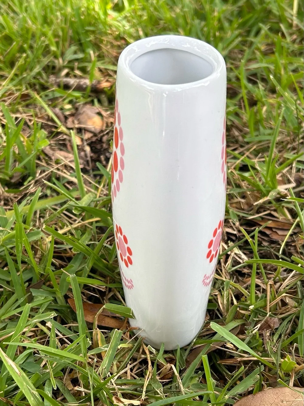 Poland White Ceramic Vase with Pink and Orange Dot Paisley Design